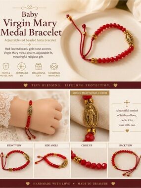 ✝️Virgin Mary Red Beaded Baby Bracelet - Religious Charm✝️